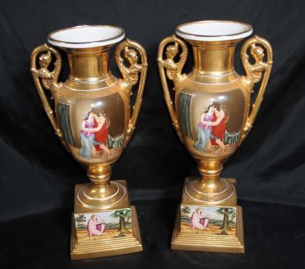 Pair Gold Dresden German Porcelain Roman Urns Vases  