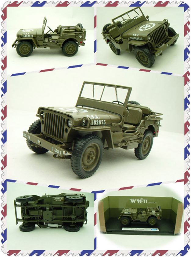 18 Welly Diecast Willys Jeep 1/4 Ton US Army Truck military Green 