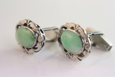 Vintage / Antique Sterling Silver & Jade Stone Cuff links Cufflinks 