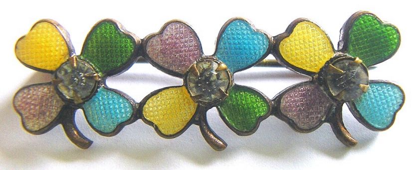 FINE BROOCH PIN CLOVERS GUILLOCHE ENAMEL RHINESTONES  