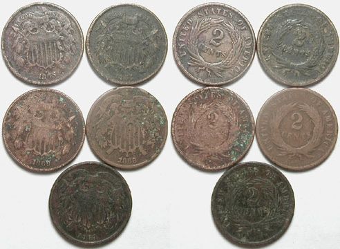 1864 x2, 1865, 1868, 1869 Two Cent Pieces ( 5 coins )  