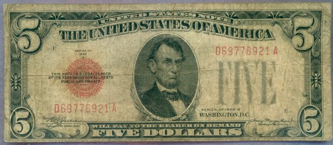   00 United States Note~Red Seal~U.S. Five Dollar Bill LOOK  