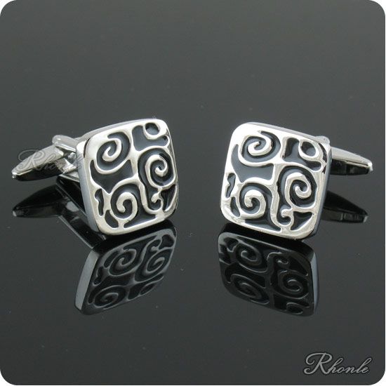 BLACK ENAMEL SILVER RHODIUM CUFFLINKS CL247A  