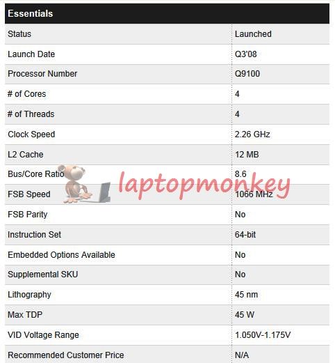 INTEL CORE QUAD Q9100 2.26GHZ 12M 1066Mhz MOBILE q9000  