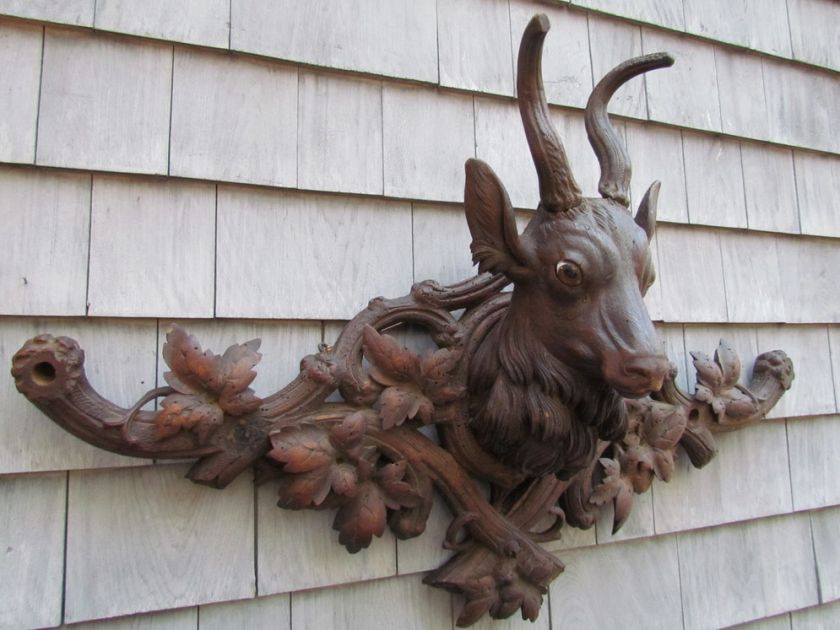 Antique German Black Forest Carved Goat Coat Wood Wall Rack  