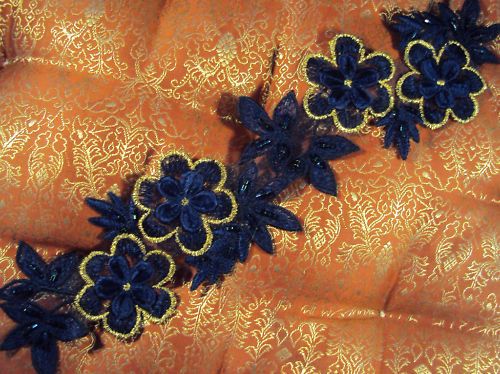 NAVY BLUE GOLD Beaded Applique FLOWERS LEAVES 2.5x10.5  