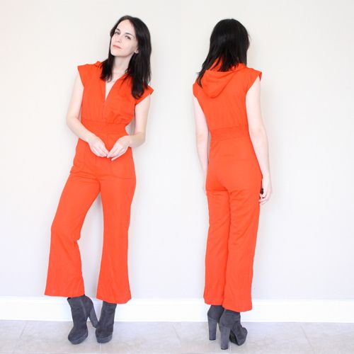 Vintage 70s Mod Orange Red HOODED Bell Bottom Hood Jumpsuit Romper 