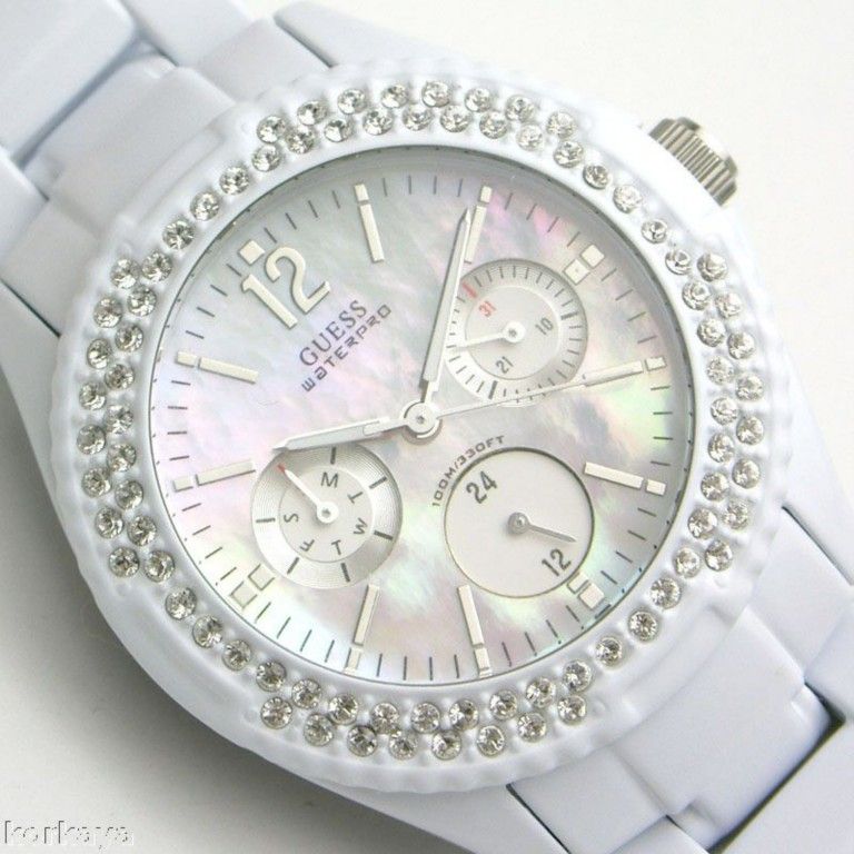 NEW GUESS WHITE ROCK CANDY PRIZM LADIES SWAROVSKI MULTIFUNCTION DATE 