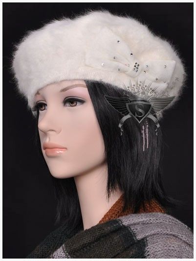 SH White Black Bowknot Rabbit Fur Ladys Beanie Hat Cap Gothic 