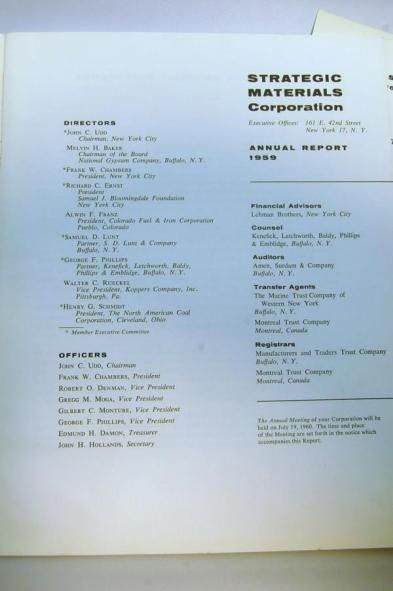 Strategic Materials Corporation Annual Report 1959