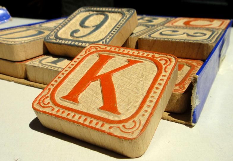 antique victorian ALPHABET ABC WOOD TOY BLOCKS w/BOX  