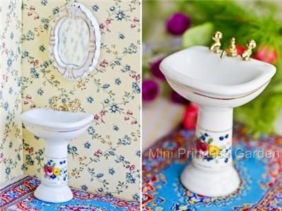 Dollhouse Miniature Bathroom China Basin Sink w Mirror  