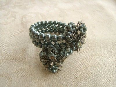 30s LERU 3 Strand GRAY BEAD, R.S. & GOLD LEAF Coil Wire BRACELET 