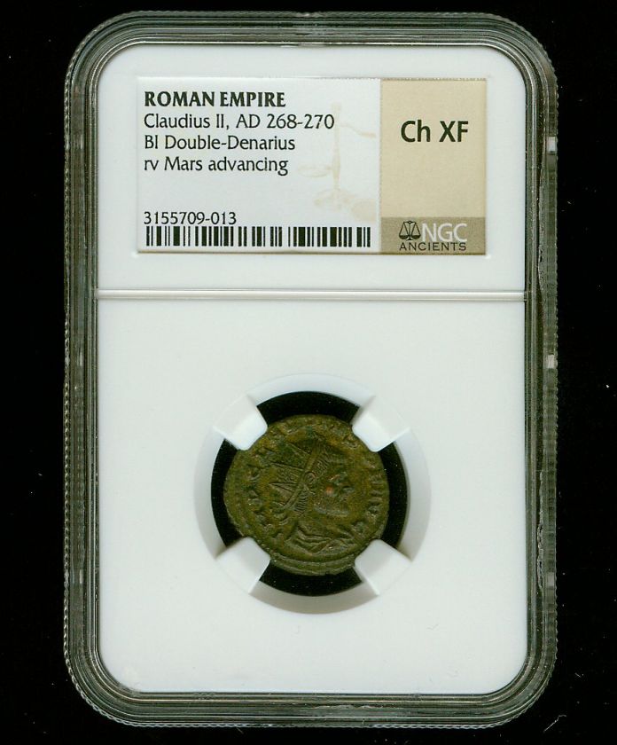   II AD 268 270 BI Double Denarius Rev Mars Advan. NGC Ch/XF  