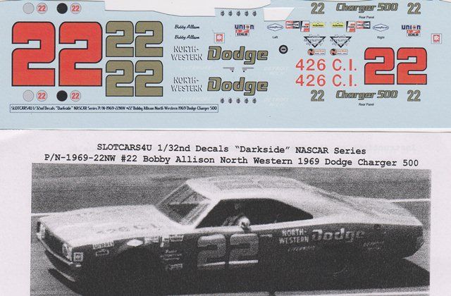   22 Bobby Allison North Western Dodge 1/32nd Waterslide Decals Slot Car