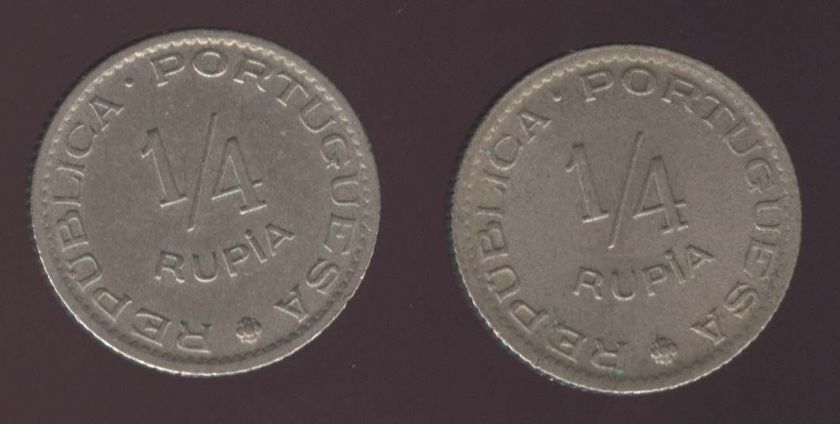 INDIA PORTUGAL RARE SET 2 COINS 1/4 RUPIA 1952  