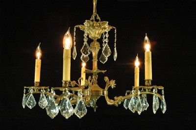 VINTAGE CAST BRASS & CRYSTAL 5 ARM EUROPEAN CHANDELIER  