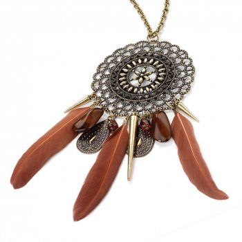   tribal inspired disc with pretty feathers and beads suspended below