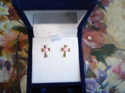 NWT .10K Yellow Gold Cross Studs with Pink Enamel  