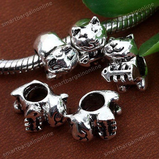 5x Tibetan Silver Cute Cat Fish Large Hole Beads Charm  