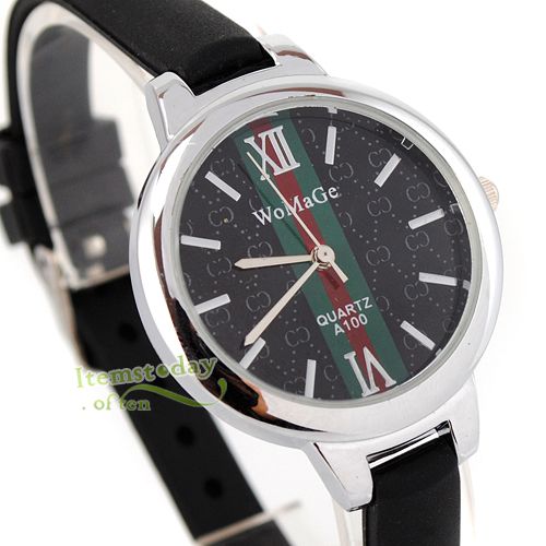   Elegant Lady Black Dial Quartz Wrist Watch Ultra Thin Rubber Band New