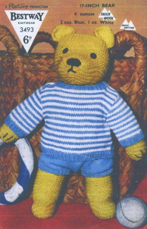 Knitted Stuffed 17  Teddy Bear Pattern With Clothing  