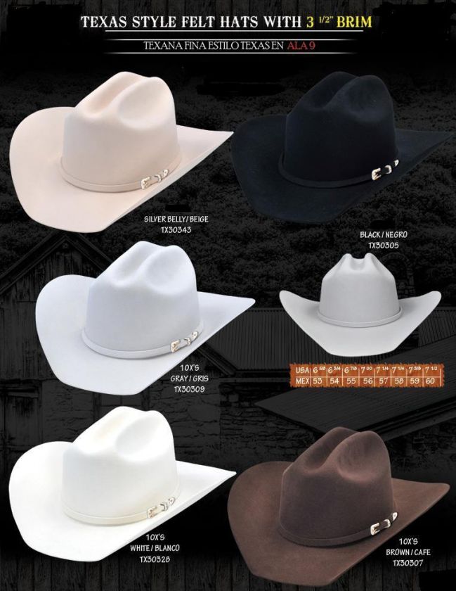 TEXAS STYLE WESTERN COWBOY FELT HAT 6X 3 1/2 BRIM  