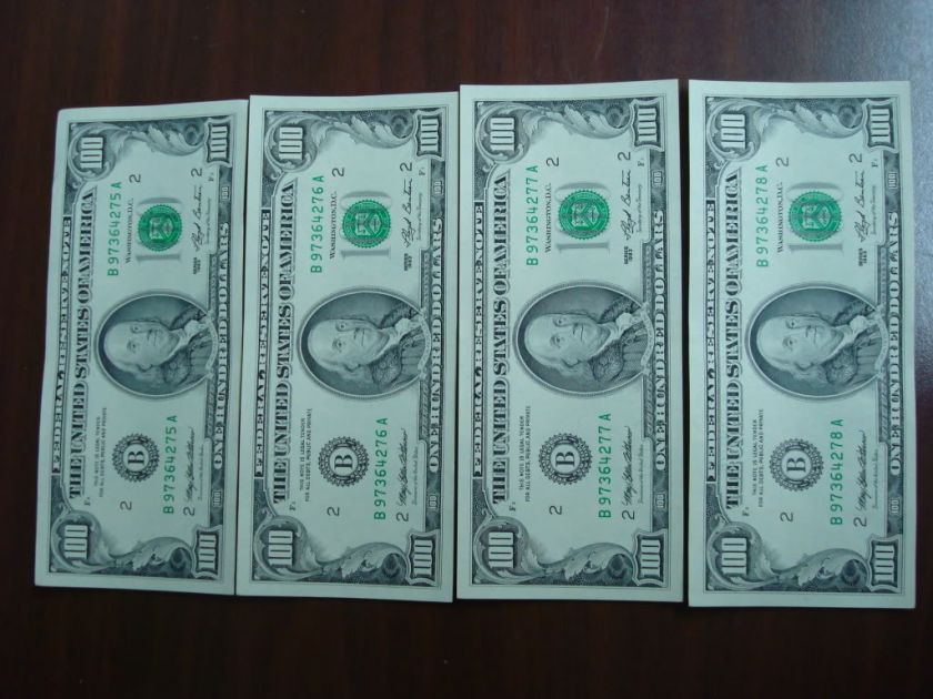 1993 4x $100 DOLLARS BILL NEVER CIRCULATE IN EXCELLENT CONDITION 