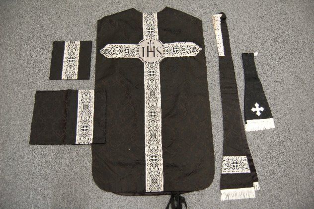 Classic older 5 piece Black Vestment Set + chalice +  