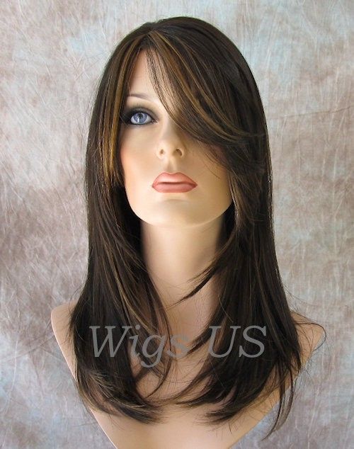   Long Straight HEAT OK Shag Layers Bangs Brown w Highlights Wig  