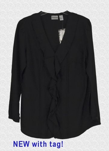 NWT CHICOS Ruffle Carrick Silk Blend Black Long sleeve Shirt Top 1, S 