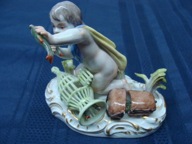 MEISSEN GERMANY FINE FIGURINE BOY FISHING WITH CAGE  