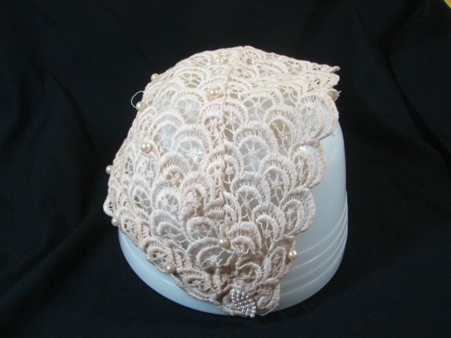 50s Vintage Girls Headband Head Cover Church Lace Faux Pearl Beads 