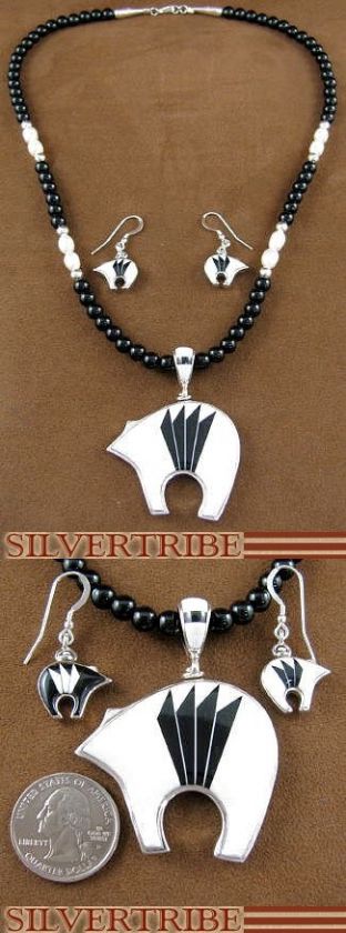   Jewelry Silver Multicolor Bead Necklace And Onyx Earring Bear Set