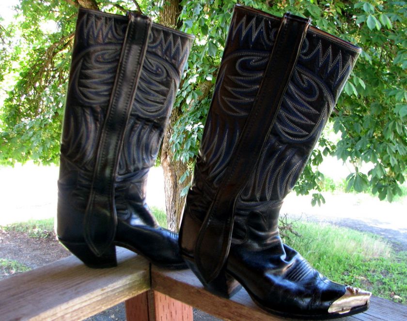 Handmade Cowboy Boots Black Royal Blue Used size 9 Womens Metal tip 