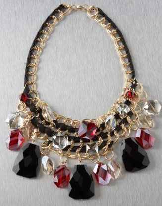   NECKLACE RED RUBY QUARTZ CLEAR PENDANT GOLD GEMS BLACK RIBBON  