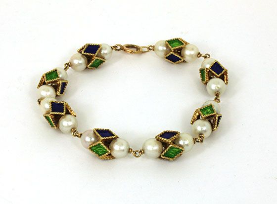   VINTAGE 14K GOLD, 6.8MM SALTWATER PEARLS & ENAMEL LADIES BRACELET