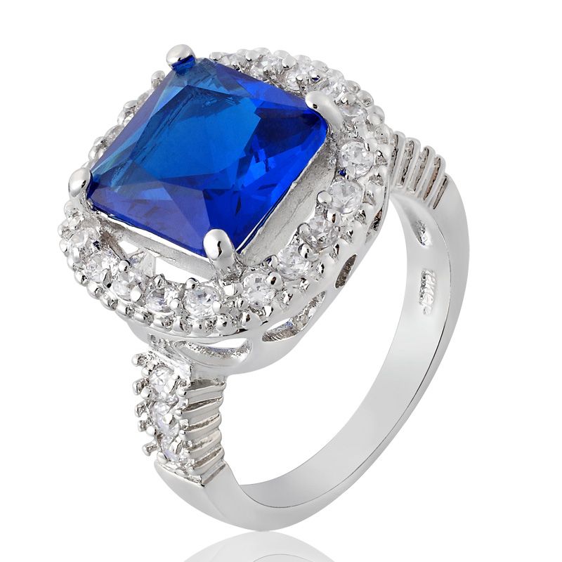 Xmas Gift Blue Sapphire White Gold GP Ring Lady Fashion Jewelry Size 7 