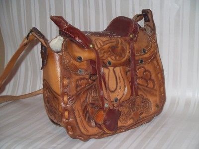 MEXICO Stitched TOOLED LEATHER Horse SADDLE Purse Vintage Western 