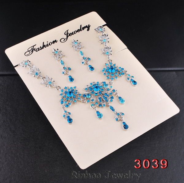 Blue Bib Flower Rhinestone Acryl Crystal Prom Necklace Dangle Earrings 