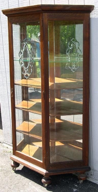 Oak Slant Sided China Cabinet with Leaded Glass Door  