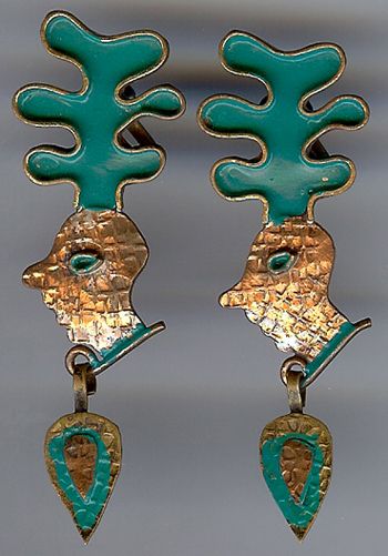 VINTAGE MEXICO MIXED METALS ENAMEL TRIBAL MAN EARRINGS  