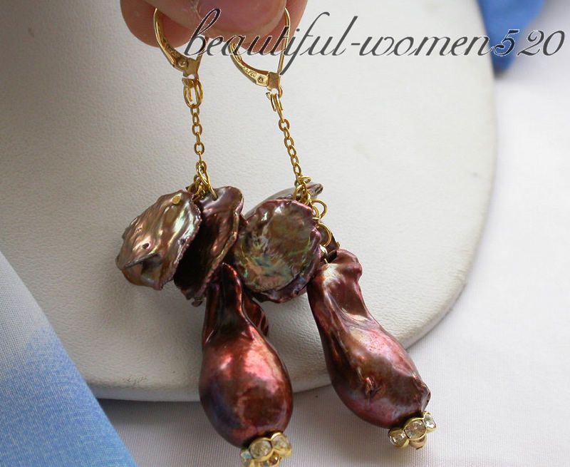 28MM coffee sheet keshi Reborn PEARL DANGLE EARRING 14K  