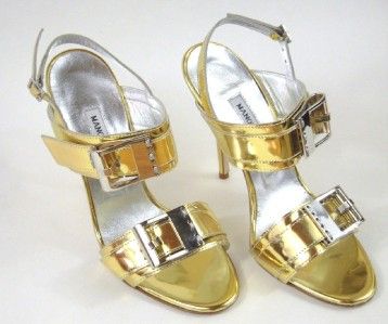 MANOLO BLAHNIK Buckle Detail Gold Heels Shoes 36.5 NIB  