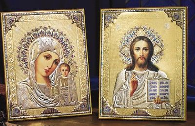 Pair Set Gold Silver Madonna Christ Icons Russian Wood  