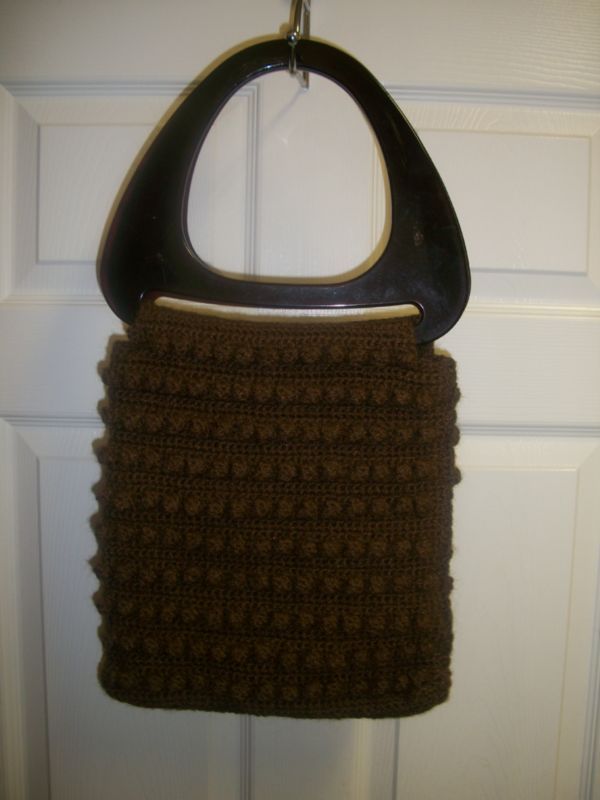 VINTAGE BROWN KNIT TORTOISE SHELL HANDLE PURSE HAND BAG  