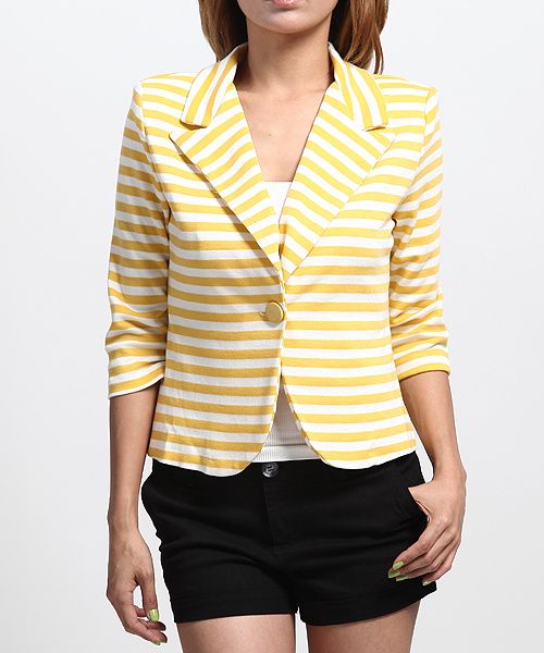 MOGAN Candy Colored Stripe Ponte 3/4 Sleeve BLAZER Casual Modern Slim 