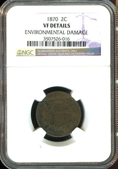 1870 NGC VF DETAILS ENVIRONMENTAL DAMAGE TWO CENT PIECE 2C GA46  