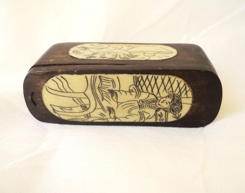 Vintage Chinese Artwork, Old Wooden Box Inlay Ox Bone  