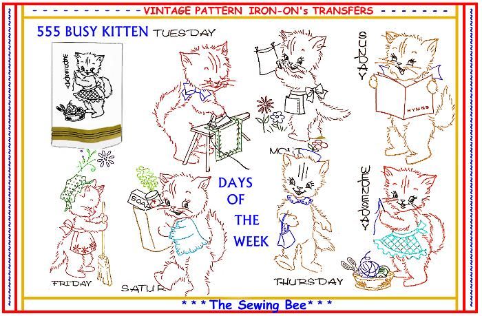 555 Embroidery BUSY KITTEN transfers patterns IRON ON  